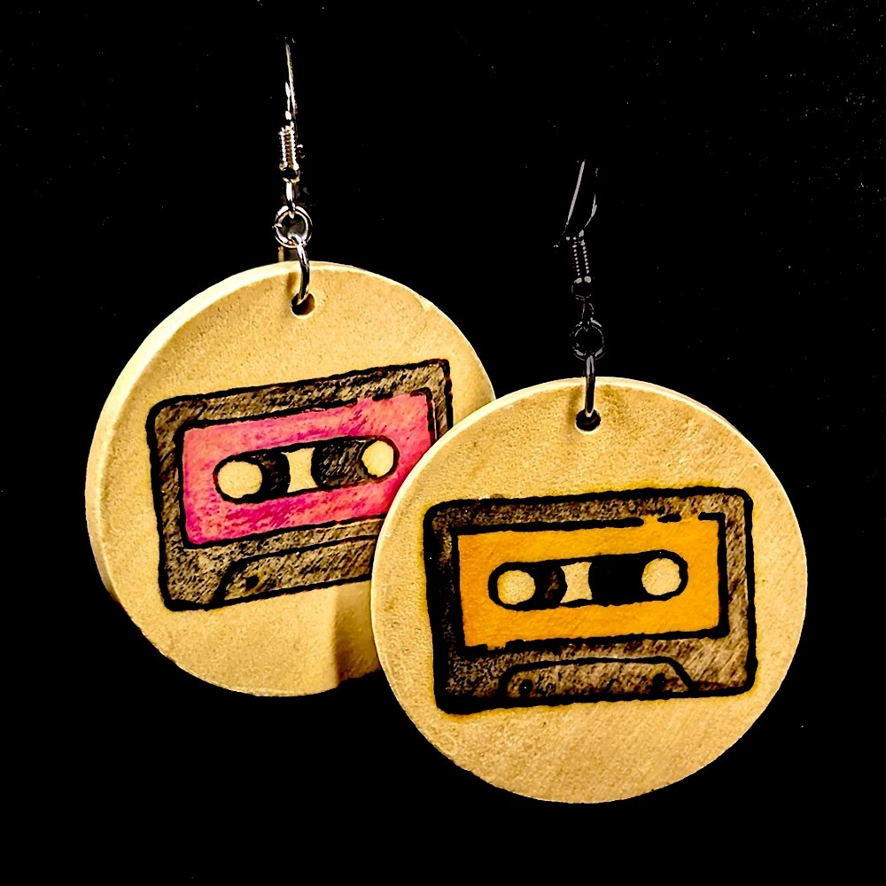 Boutique 📼 Artisan Hand-Burned + Watercolor Wood Circle Earrings Music Tape